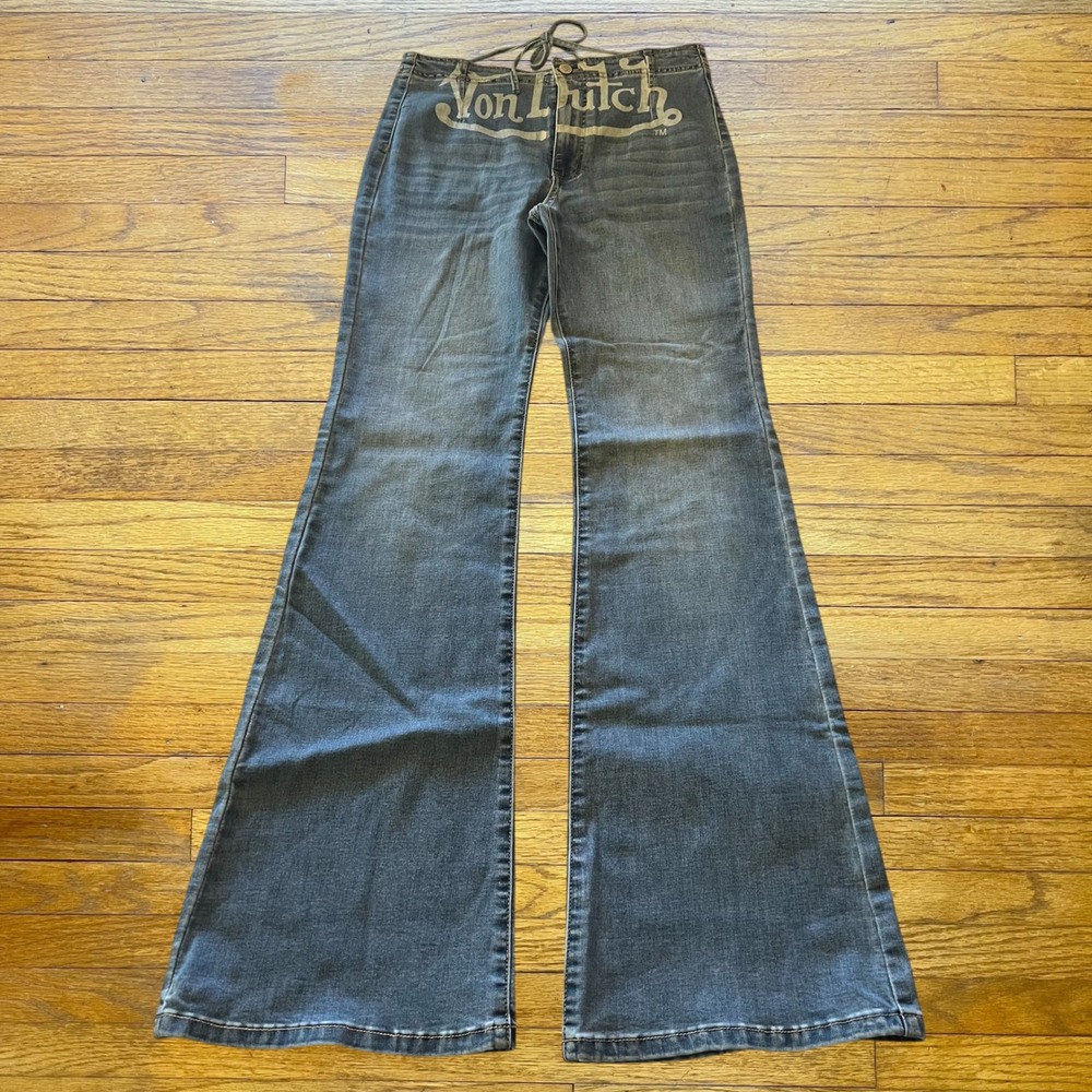 Von Dutch Originals Women Blue Flare Jeans Y2K Logo Winged Eyeball Size 9